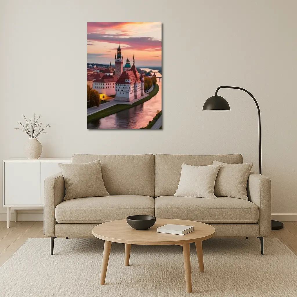 European Castle River Sunset Pink Sky – Wall Art