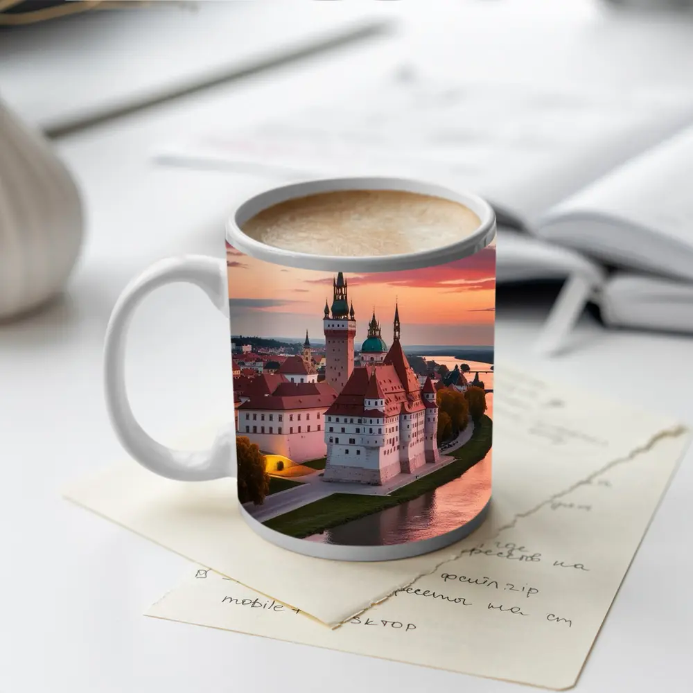 European Castle River Sunset Pink Sky – Mugs