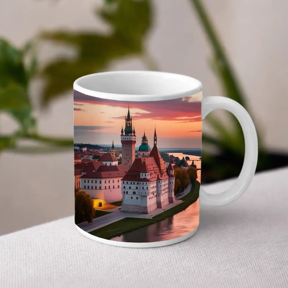 European Castle River Sunset Pink Sky – Mugs