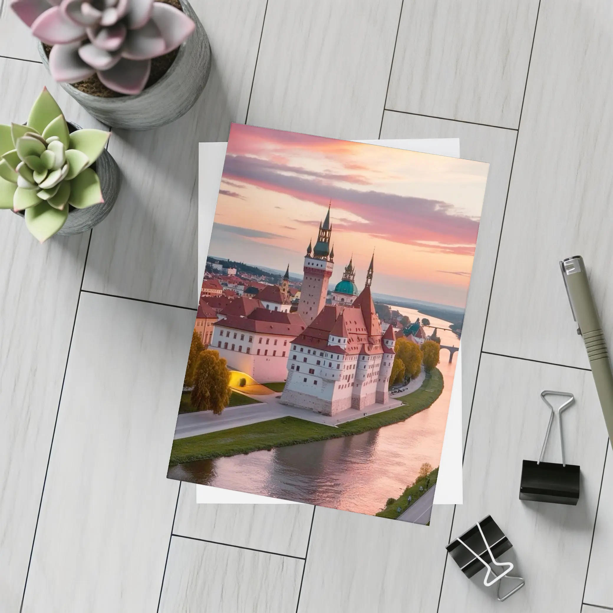 European Castle River Sunset Pink Sky – Postcards