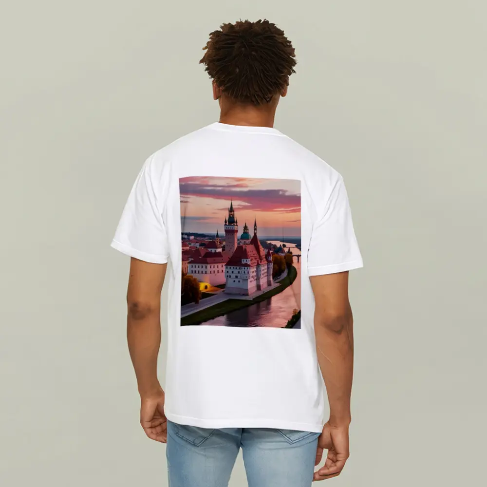 European Castle River Sunset Pink Sky – T-Shirts
