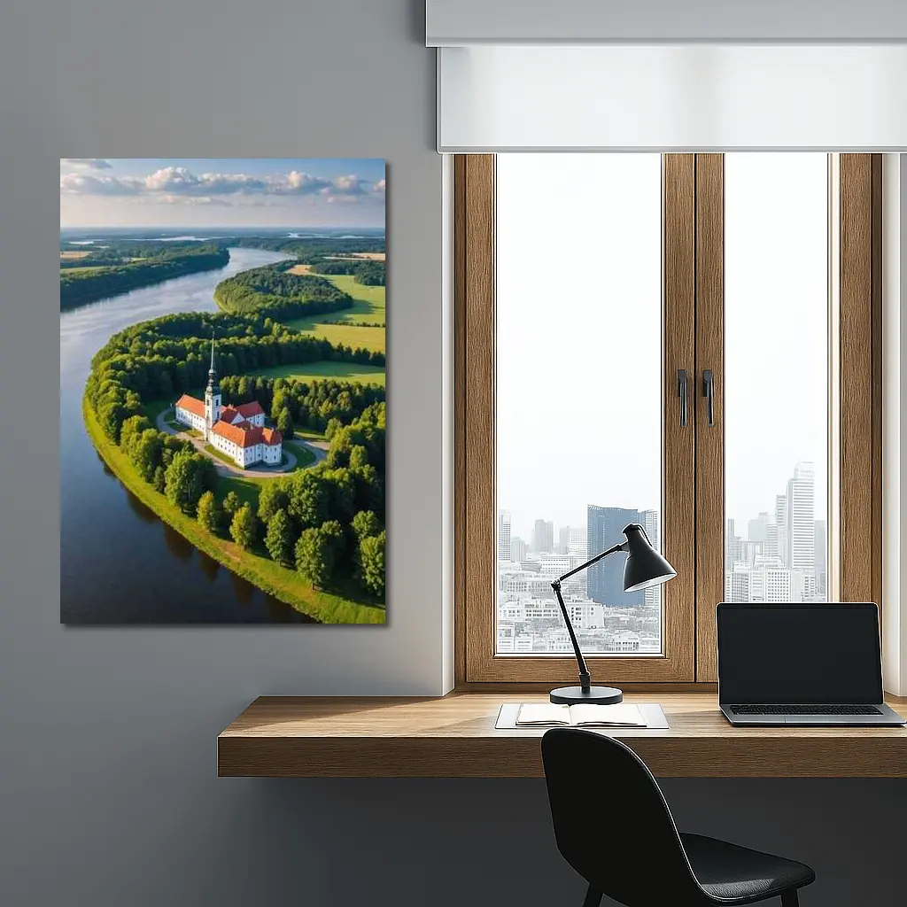 Aerial Church on River Bend Green Landscape – Wall Art