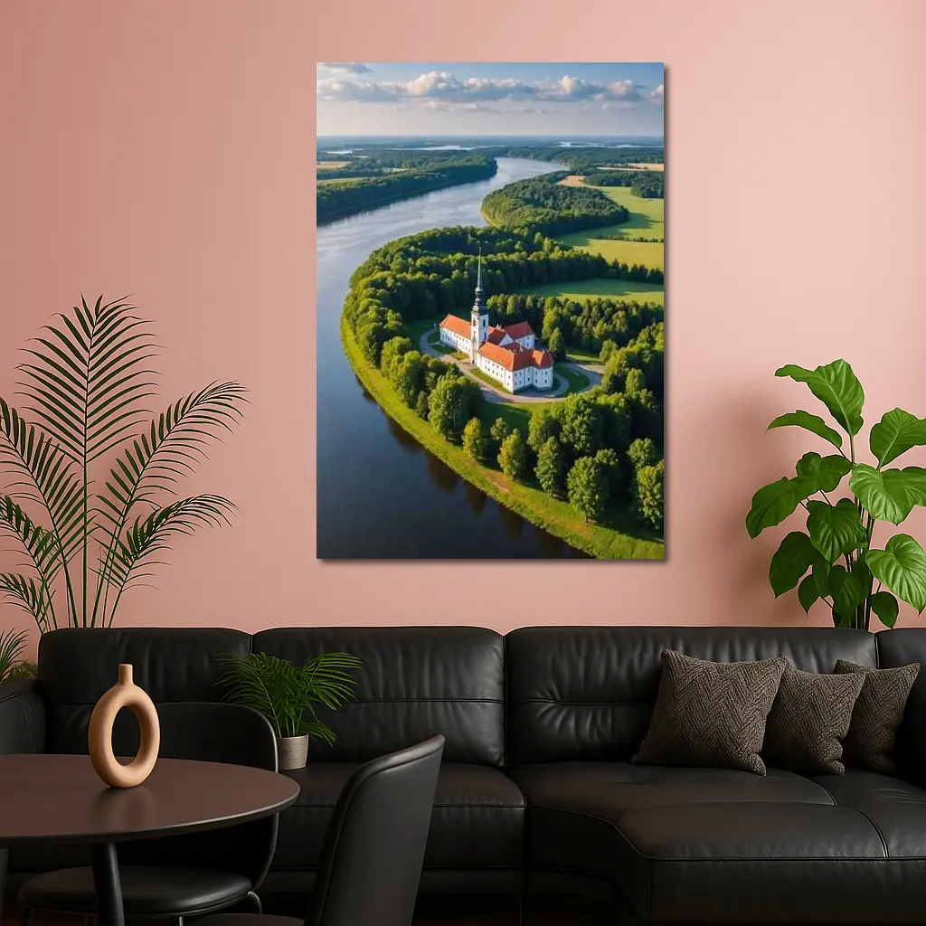 Aerial Church on River Bend Green Landscape – Wall Art