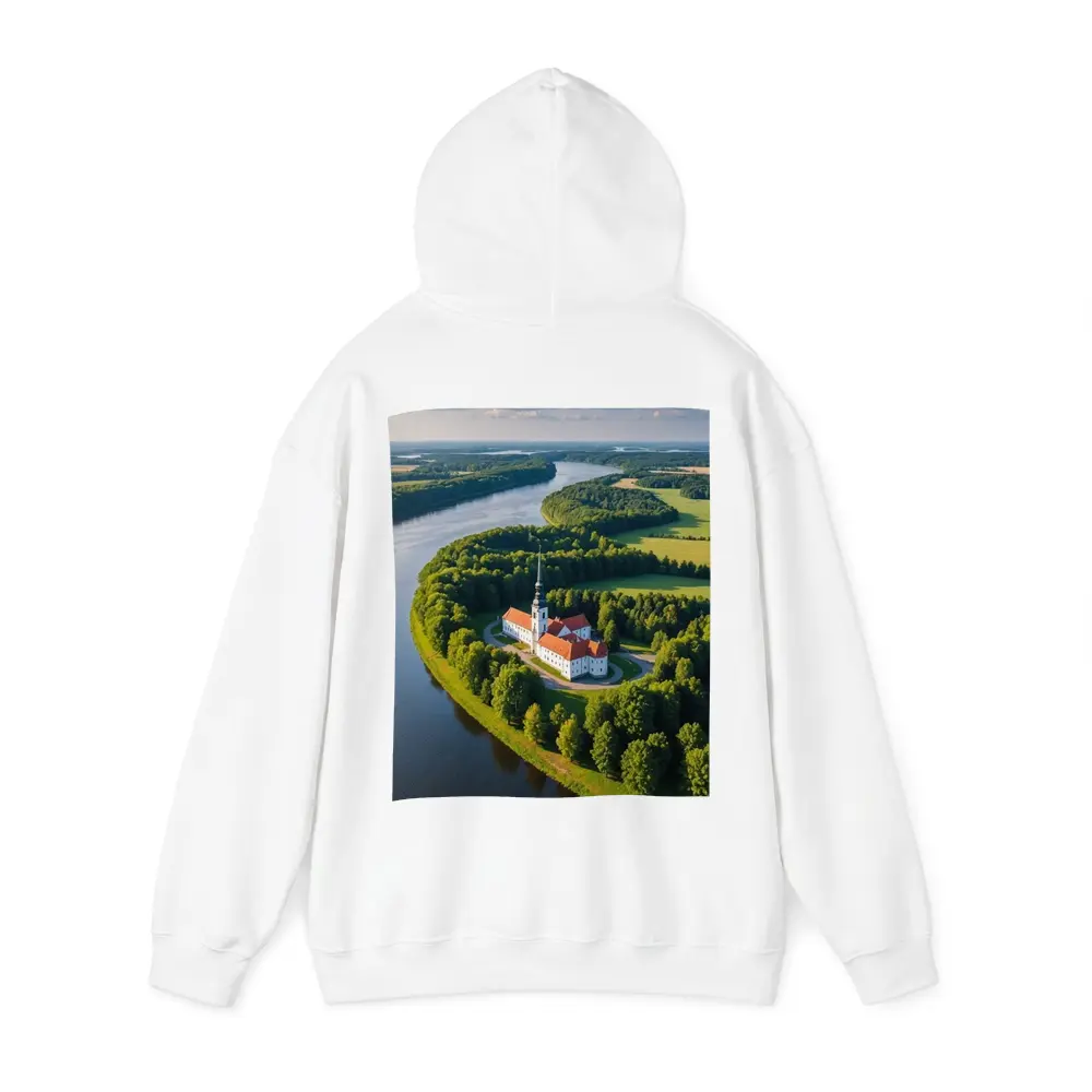 Aerial Church on River Bend Green Landscape – Hoodies