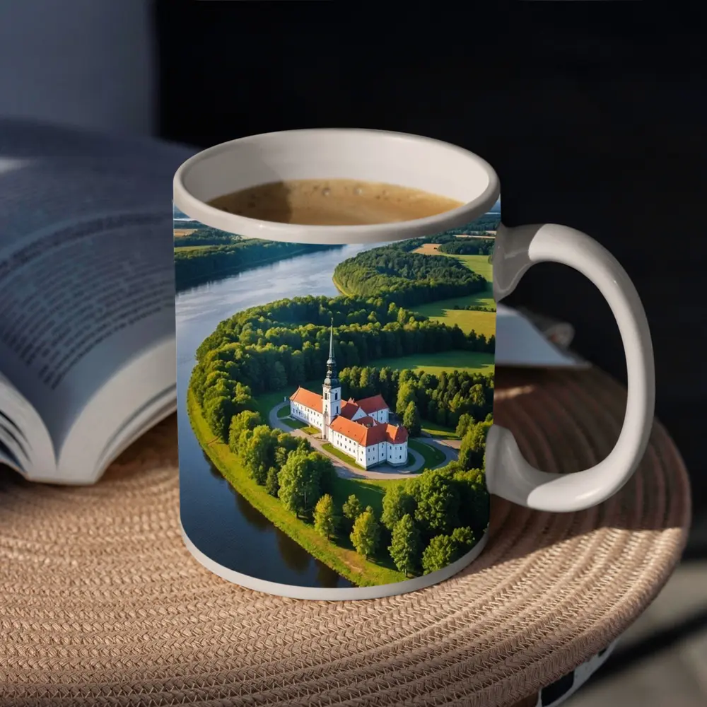 Aerial Church on River Bend Green Landscape – Mugs