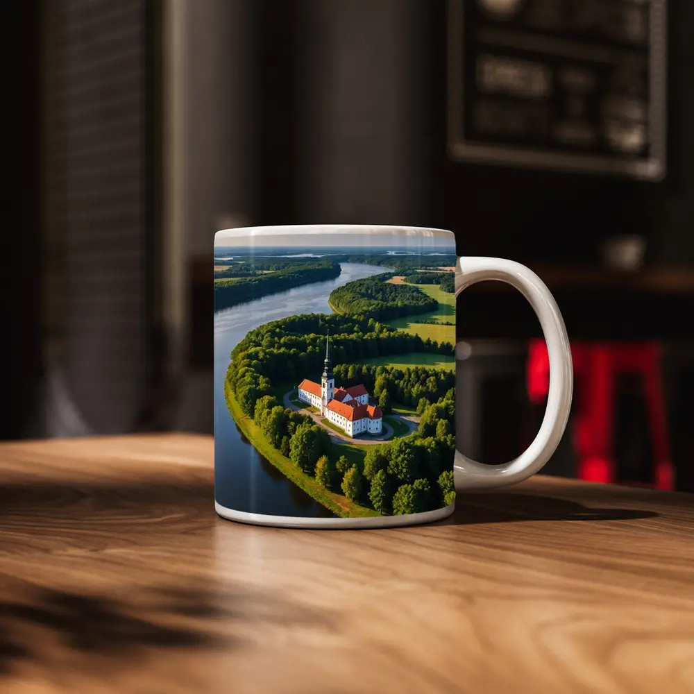 Aerial Church on River Bend Green Landscape – Mugs