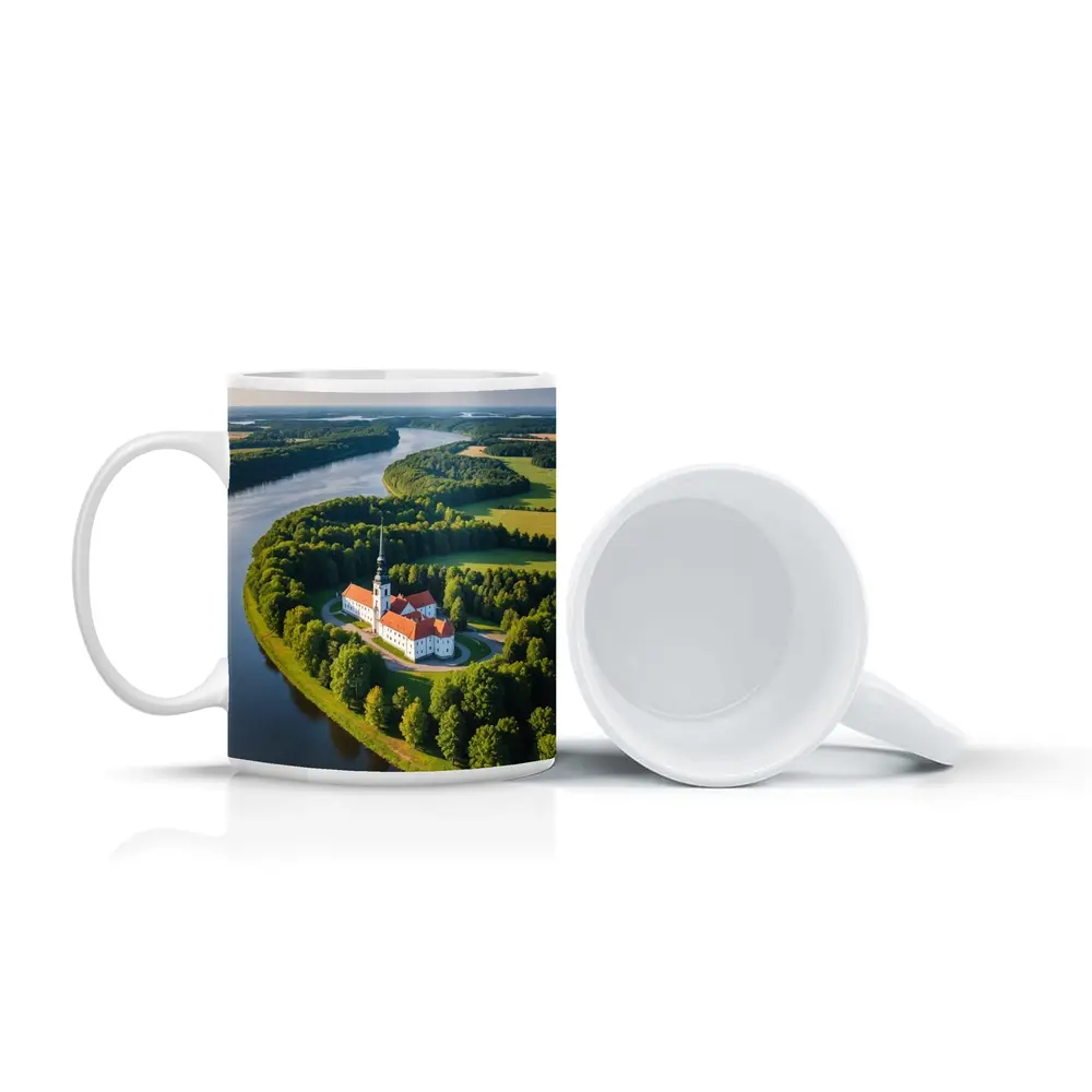 Aerial Church on River Bend Green Landscape – Mugs