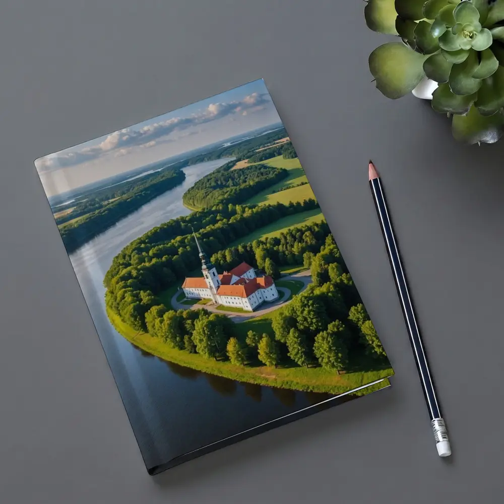 Aerial Church on River Bend Green Landscape – Notebooks