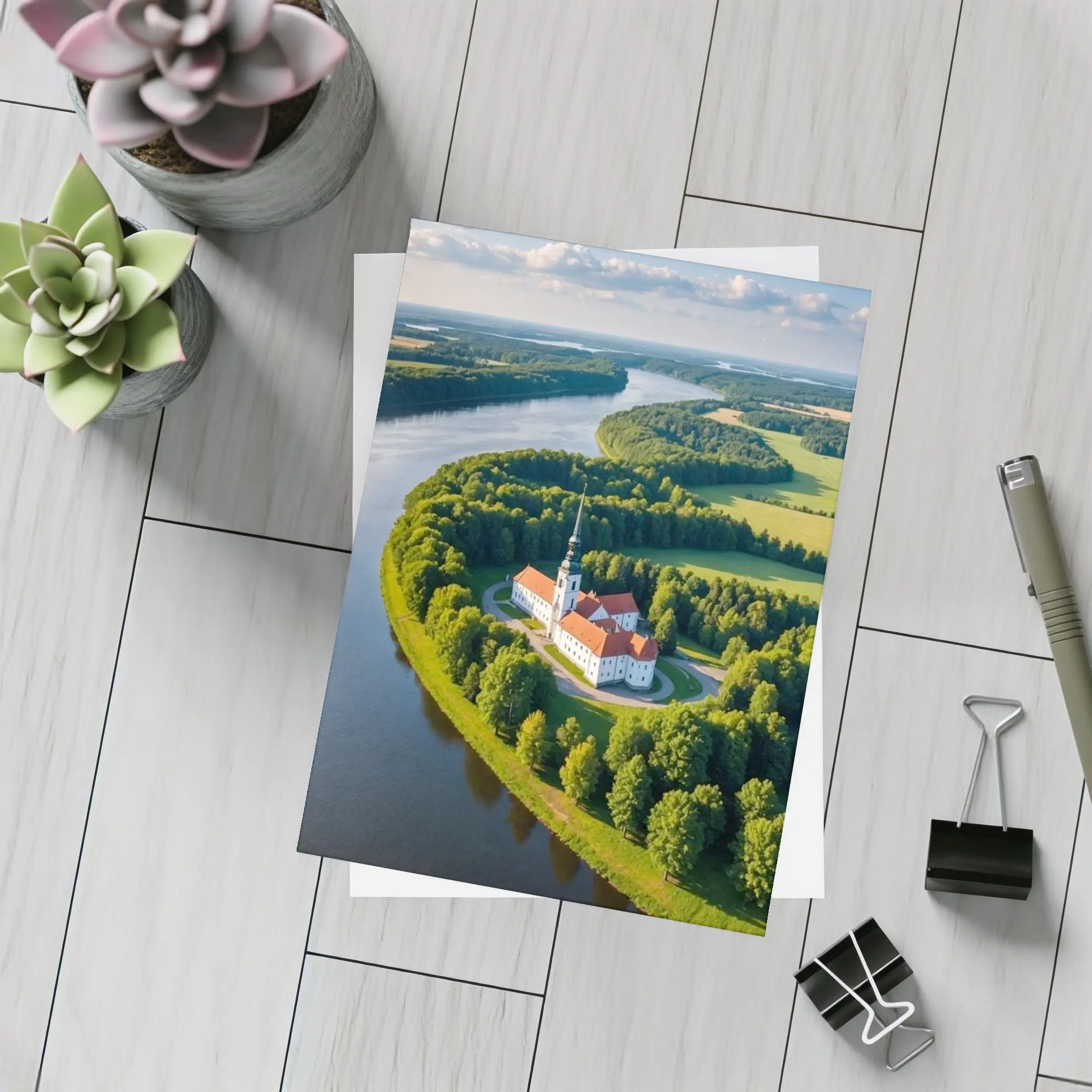 Aerial Church on River Bend Green Landscape – Postcards
