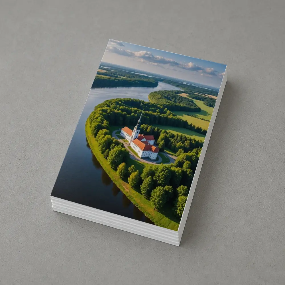 Aerial Church on River Bend Green Landscape – Postcards