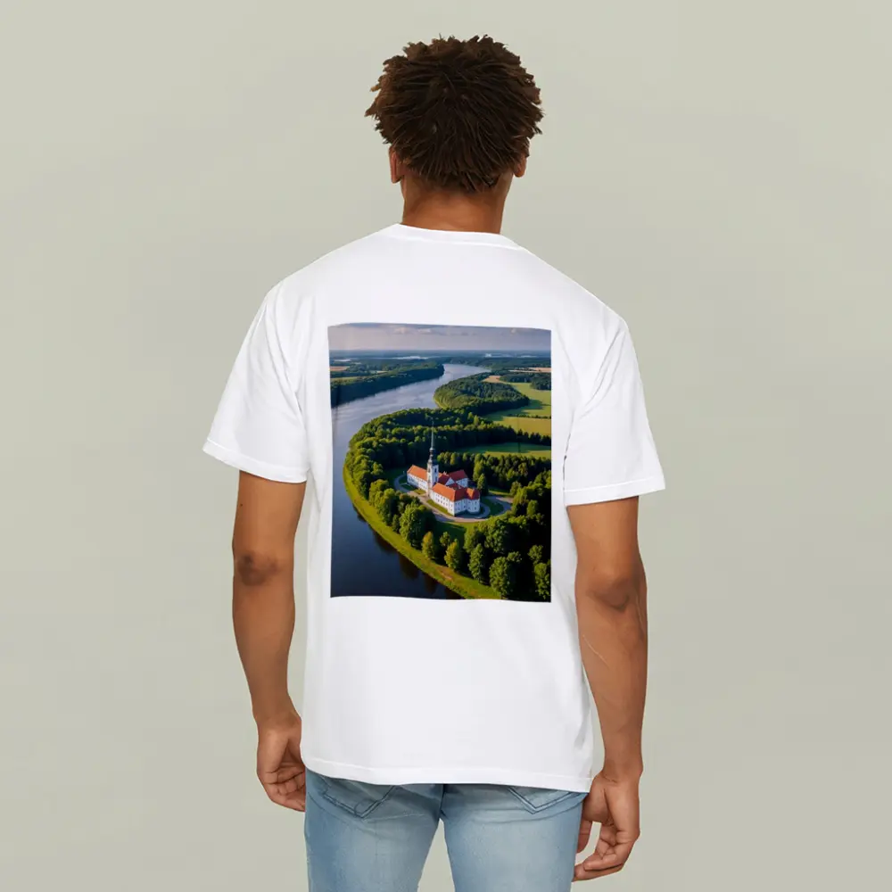 Aerial Church on River Bend Green Landscape – T-Shirts