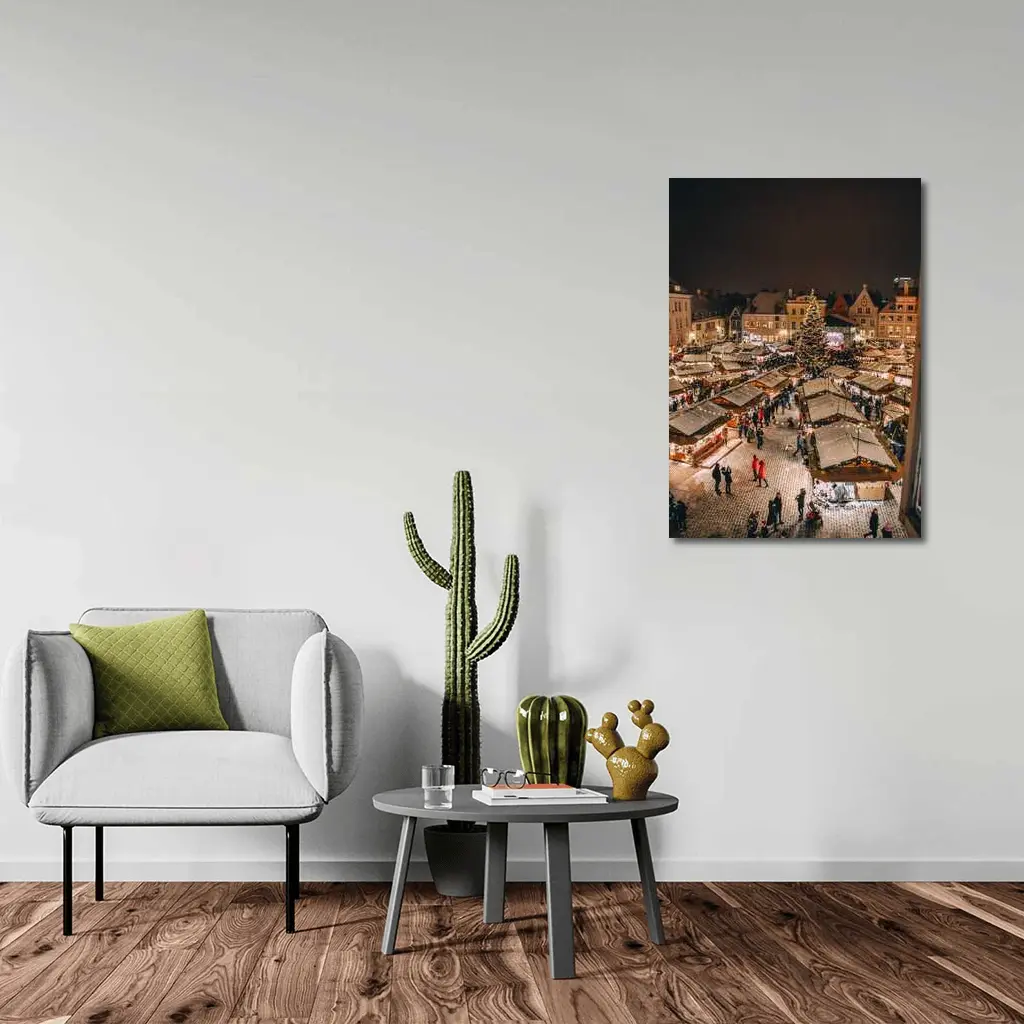 Christmas Market Square Glowing Night Aerial – Wall Art