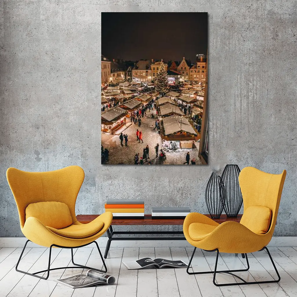 Christmas Market Square Glowing Night Aerial – Wall Art