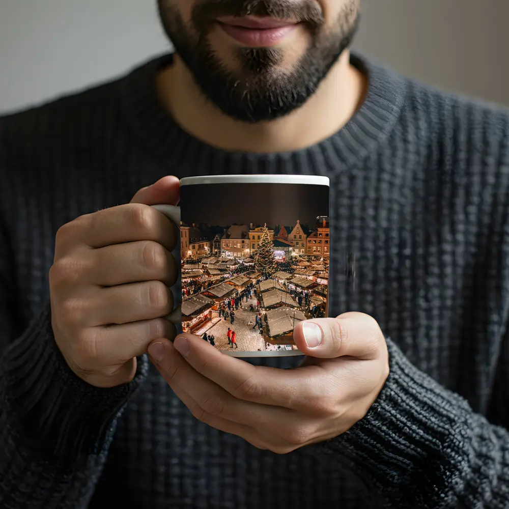 Christmas Market Square Glowing Night Aerial – Mugs