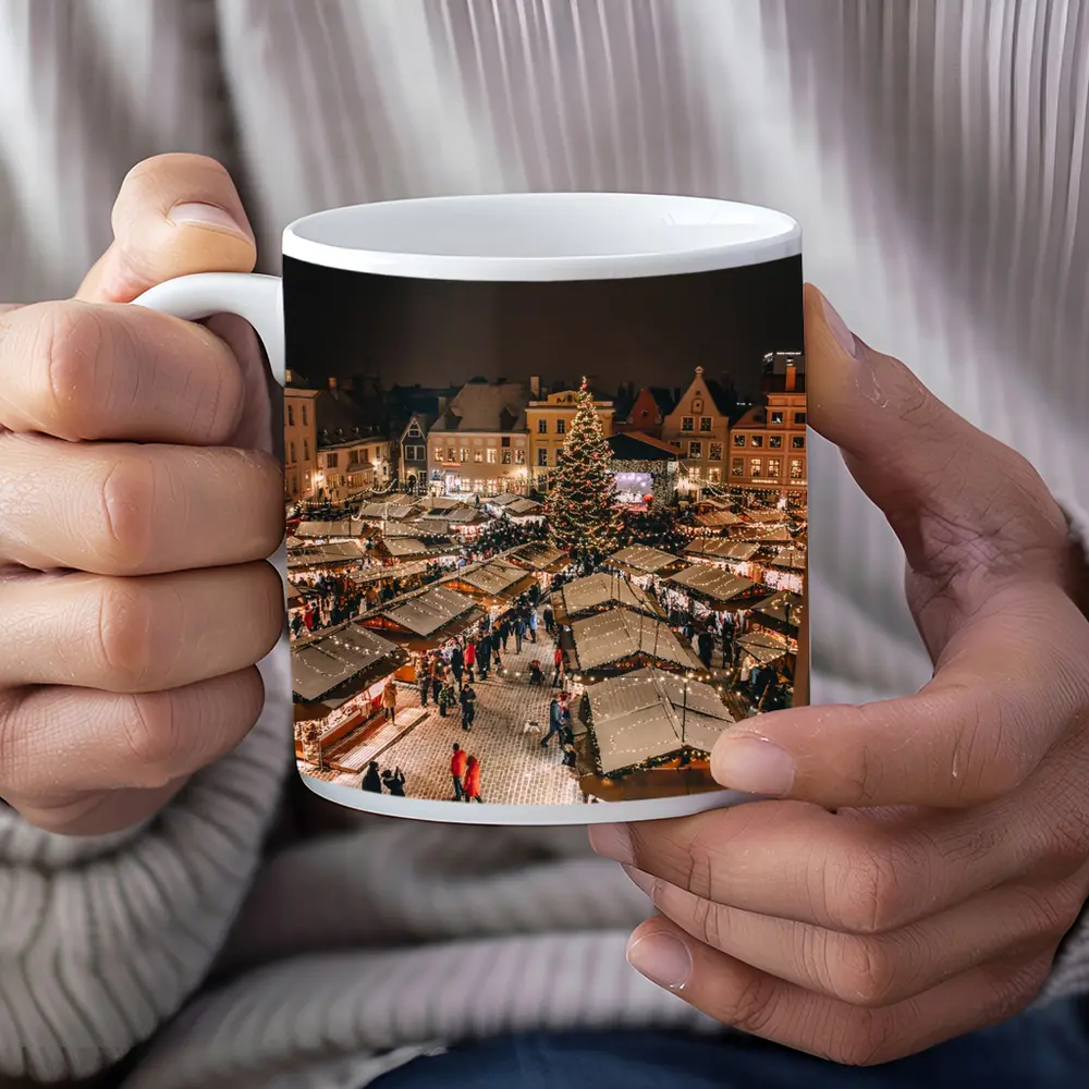 Christmas Market Square Glowing Night Aerial – Mugs