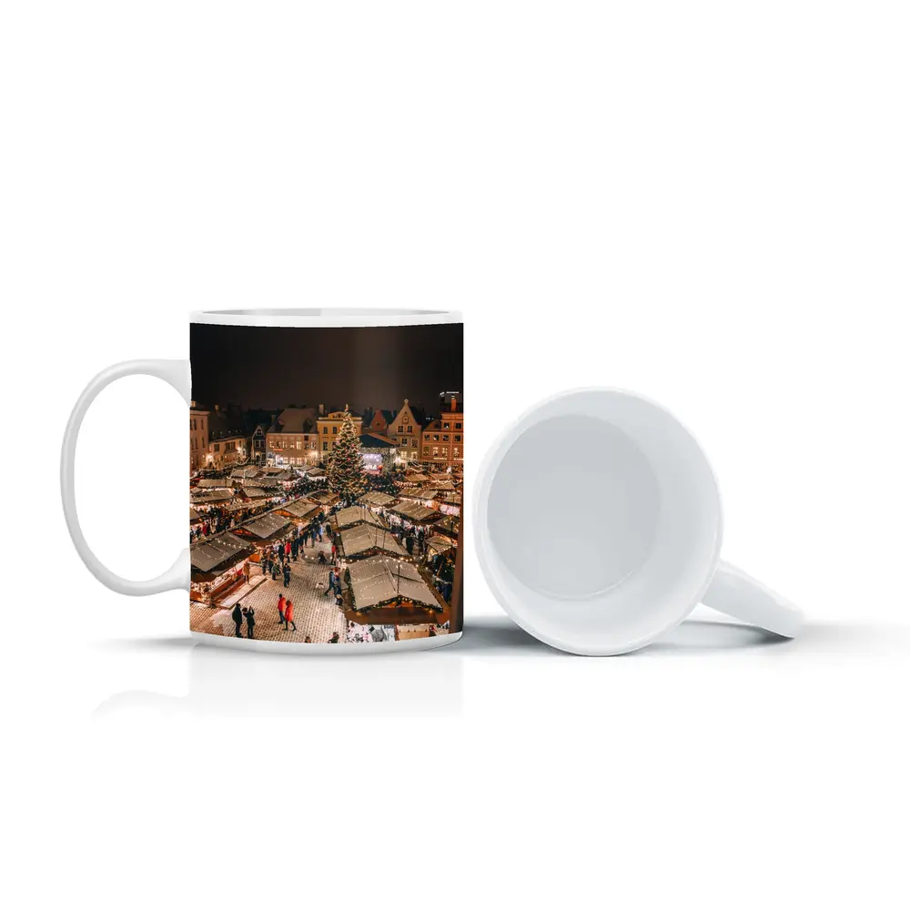 Christmas Market Square Glowing Night Aerial – Mugs