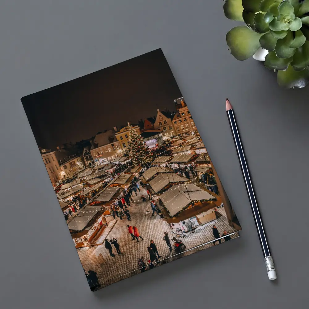 Christmas Market Square Glowing Night Aerial – Notebooks