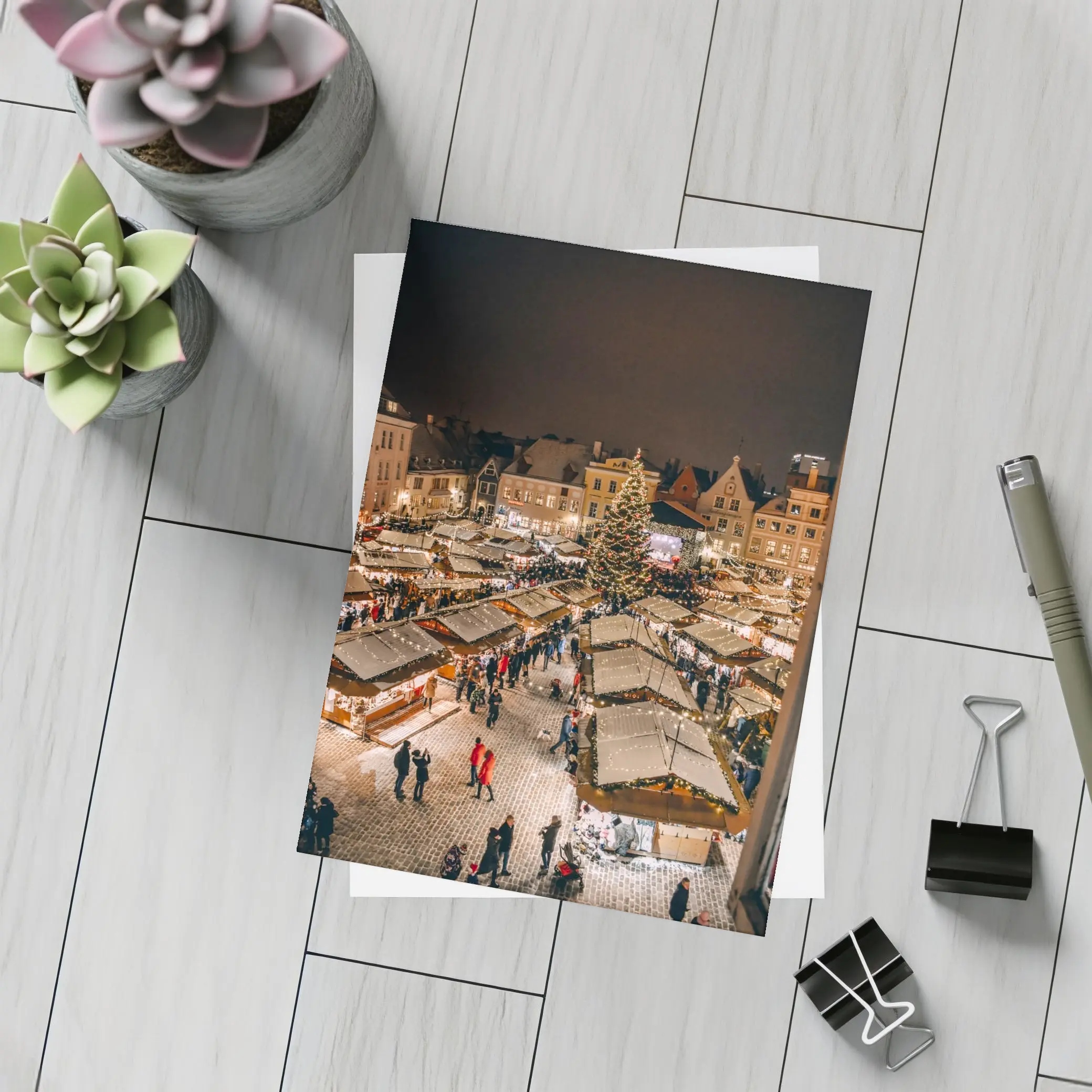 Christmas Market Square Glowing Night Aerial – Postcards