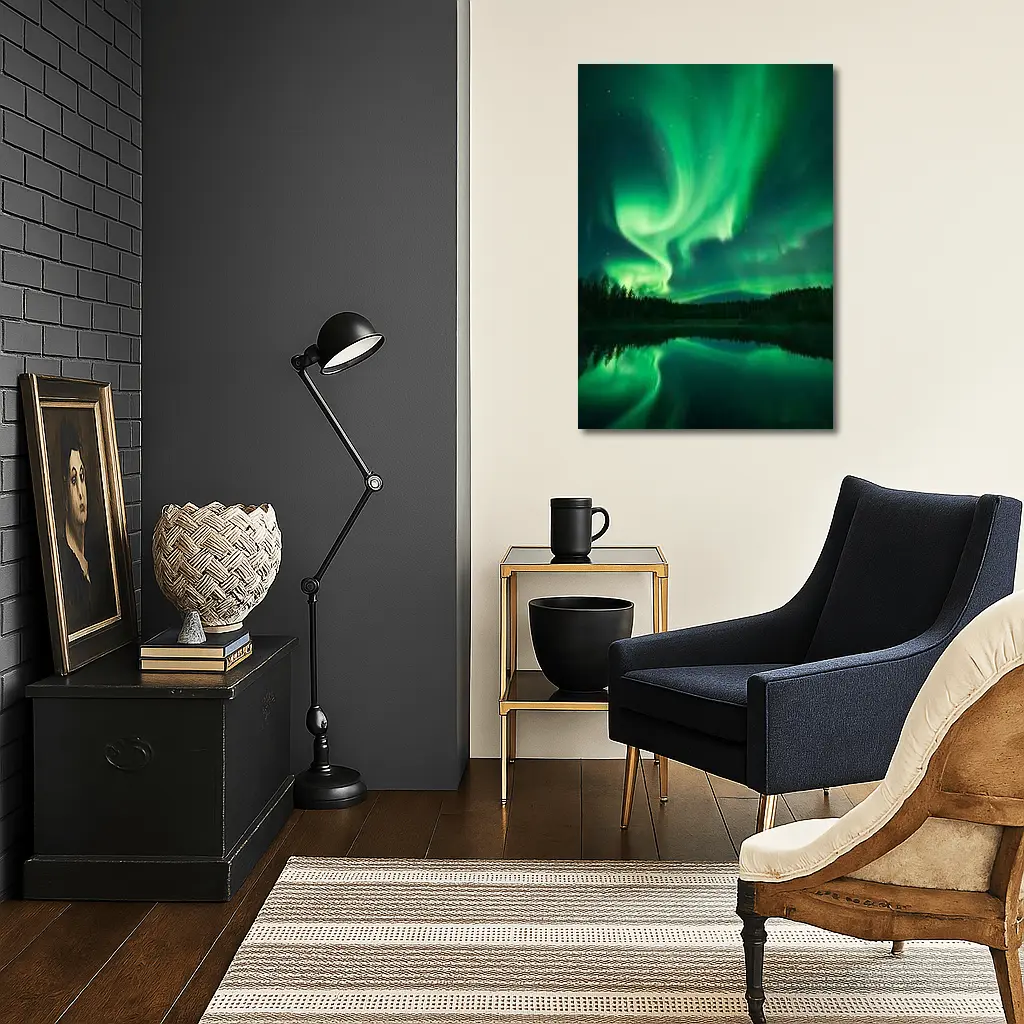 Northern Lights Reflected Over Forest Lake – Wall Art