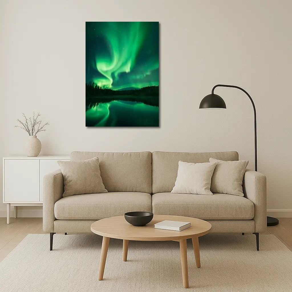 Northern Lights Reflected Over Forest Lake – Wall Art