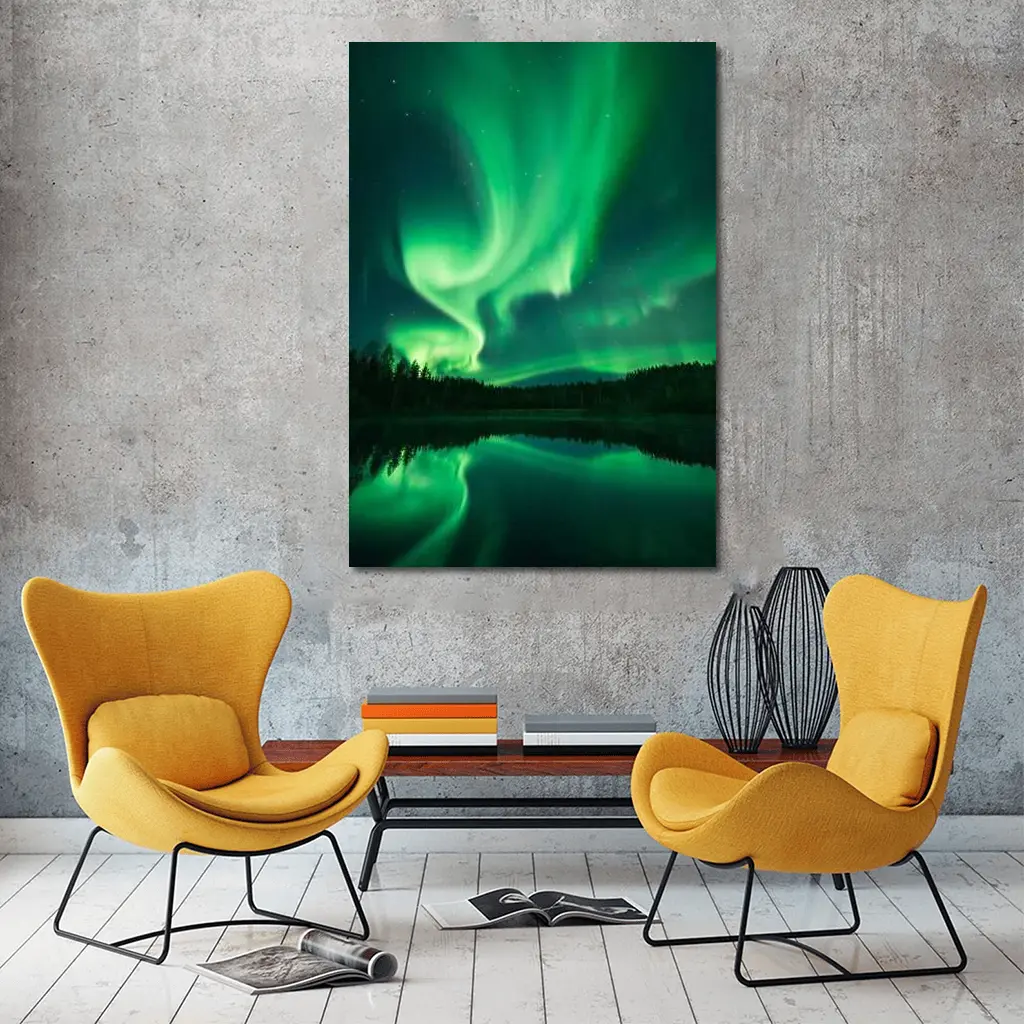 Northern Lights Reflected Over Forest Lake – Wall Art