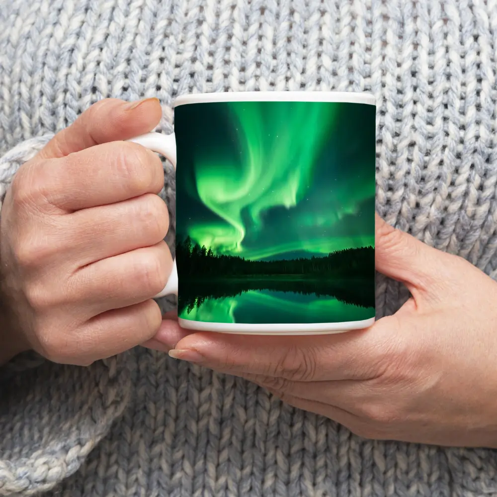 Northern Lights Reflected Over Forest Lake – Mugs