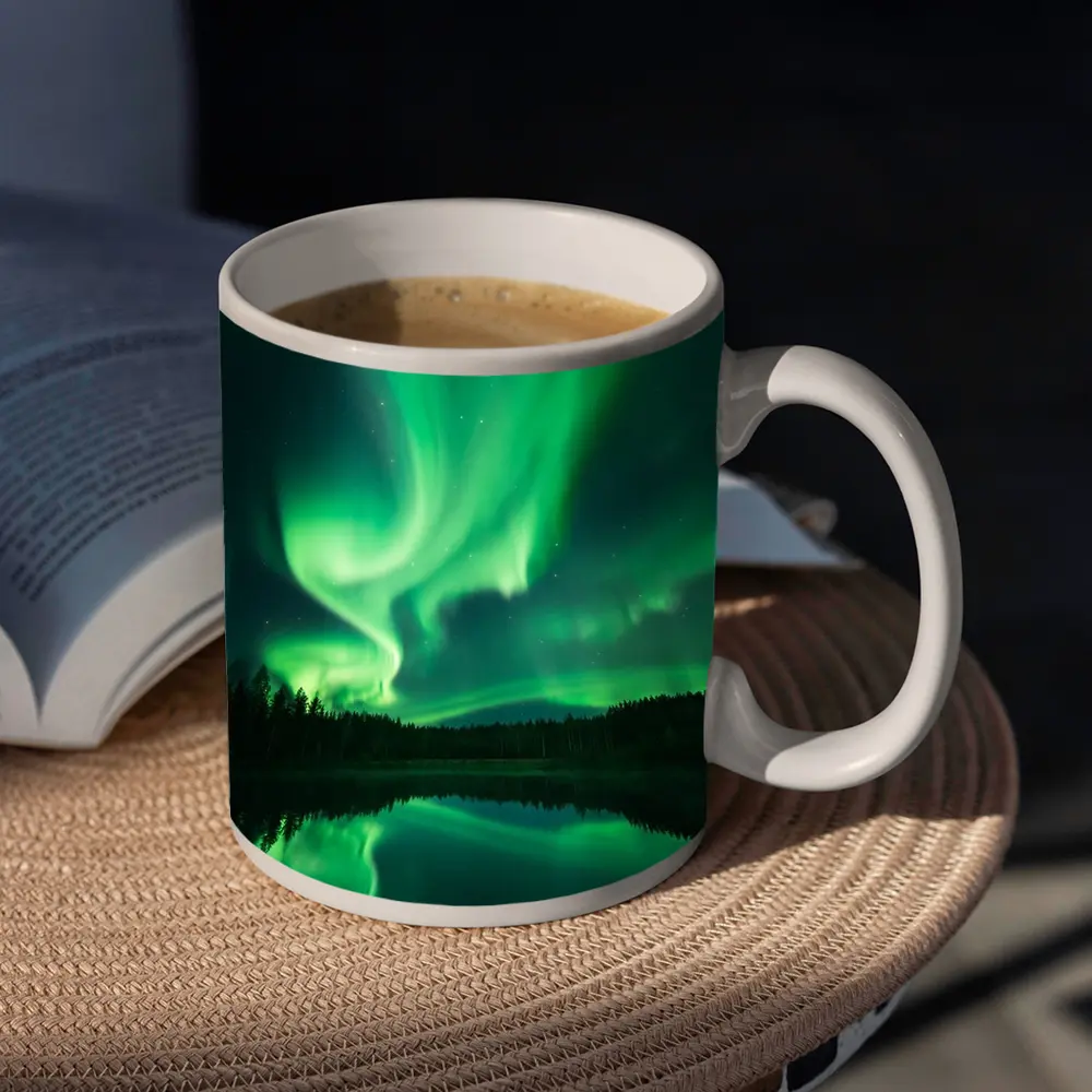 Northern Lights Reflected Over Forest Lake – Mugs
