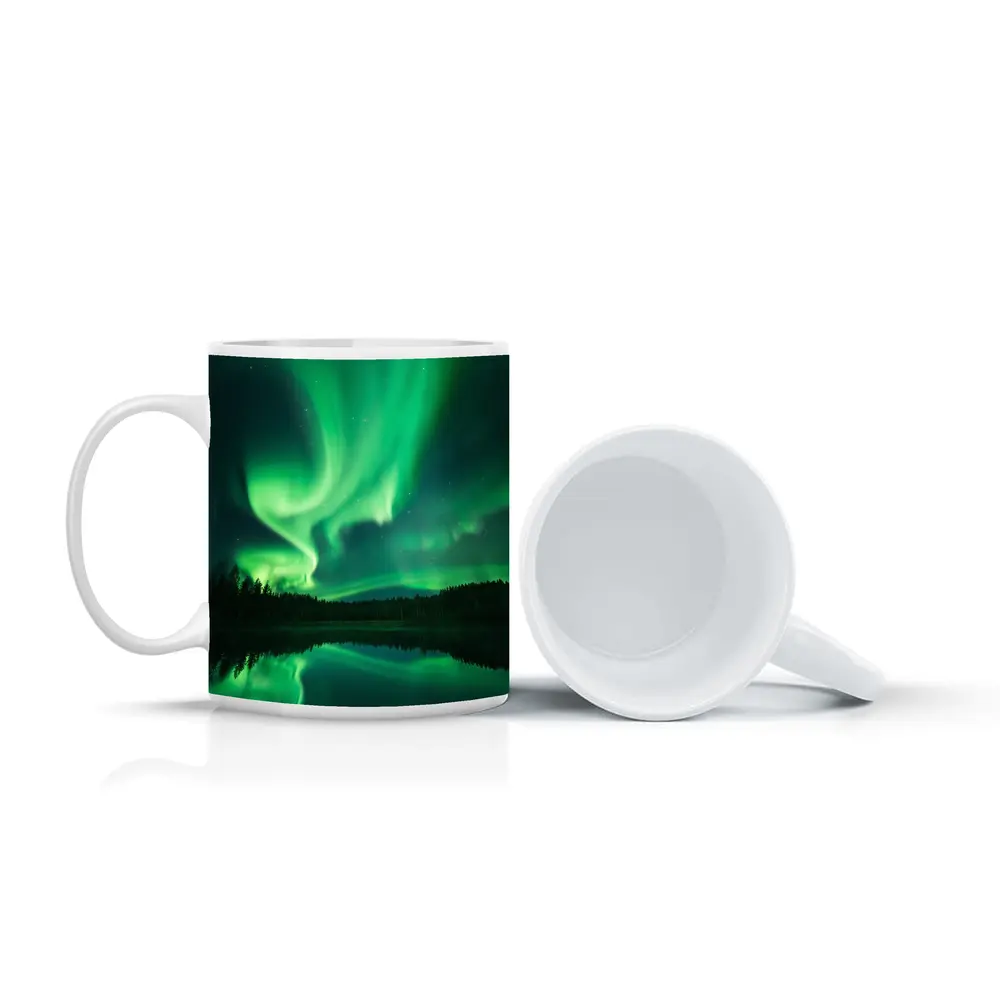 Northern Lights Reflected Over Forest Lake – Mugs