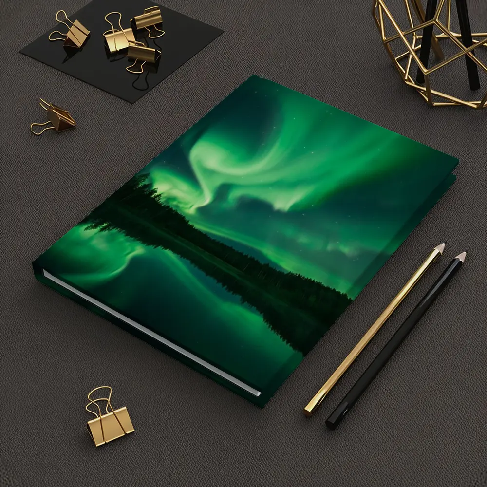 Northern Lights Reflected Over Forest Lake – Notebooks