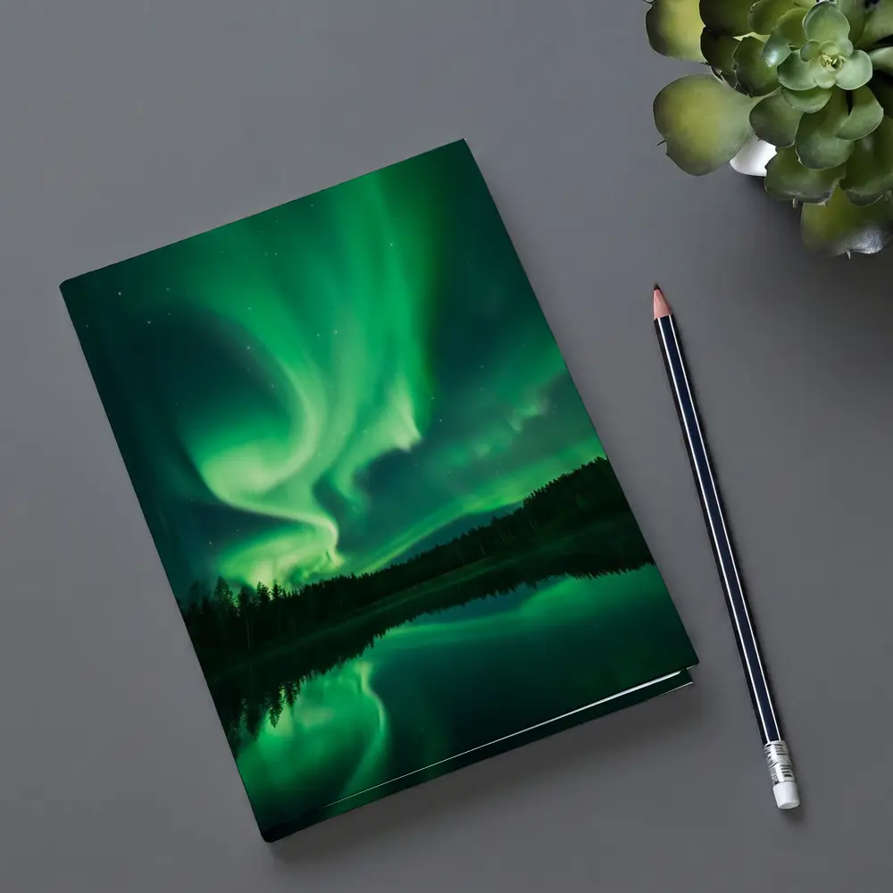 Northern Lights Reflected Over Forest Lake – Notebooks