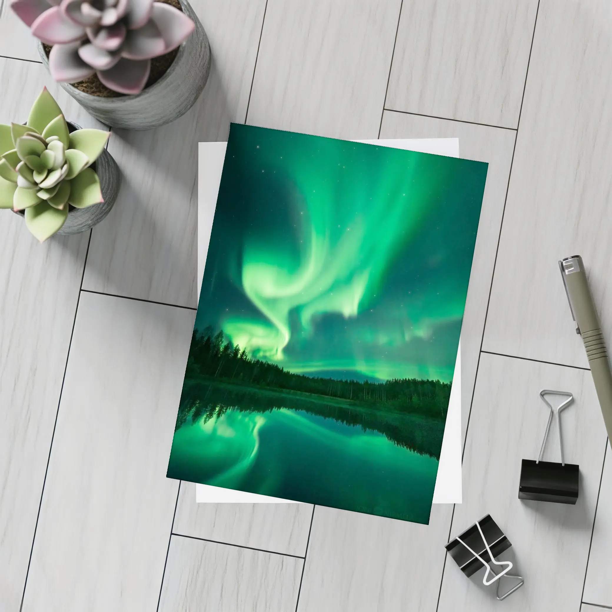 Northern Lights Reflected Over Forest Lake – Postcards