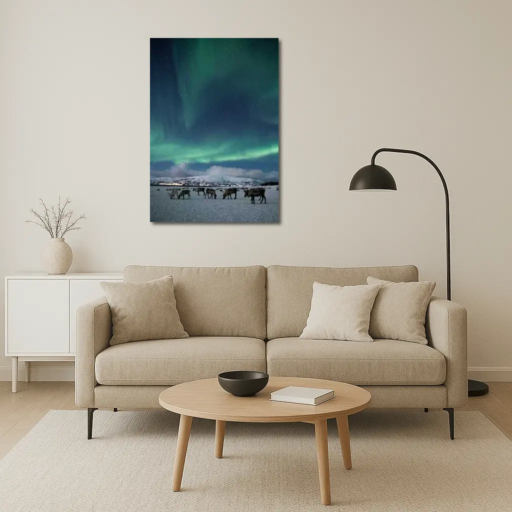 Reindeer Grazing Under Northern Lights Norway – Wall Art