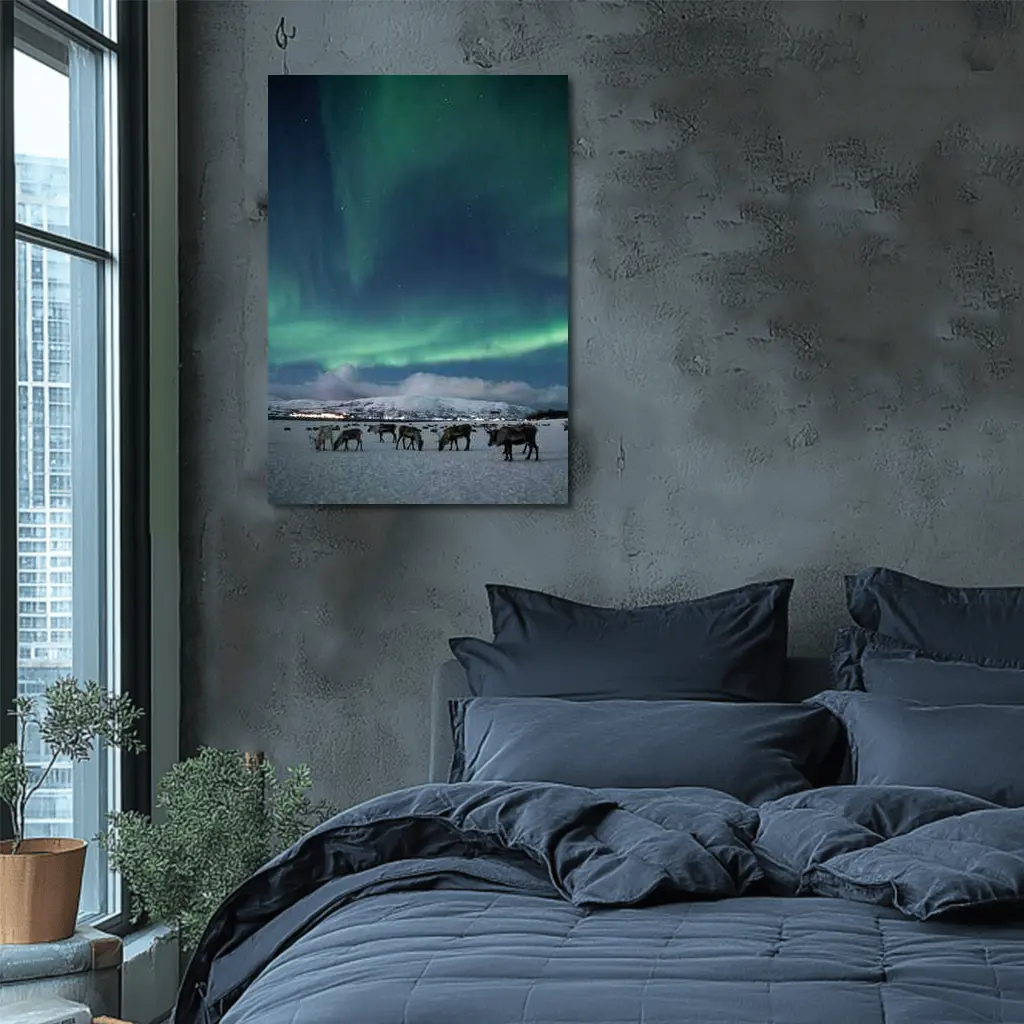 Reindeer Grazing Under Northern Lights Norway – Wall Art