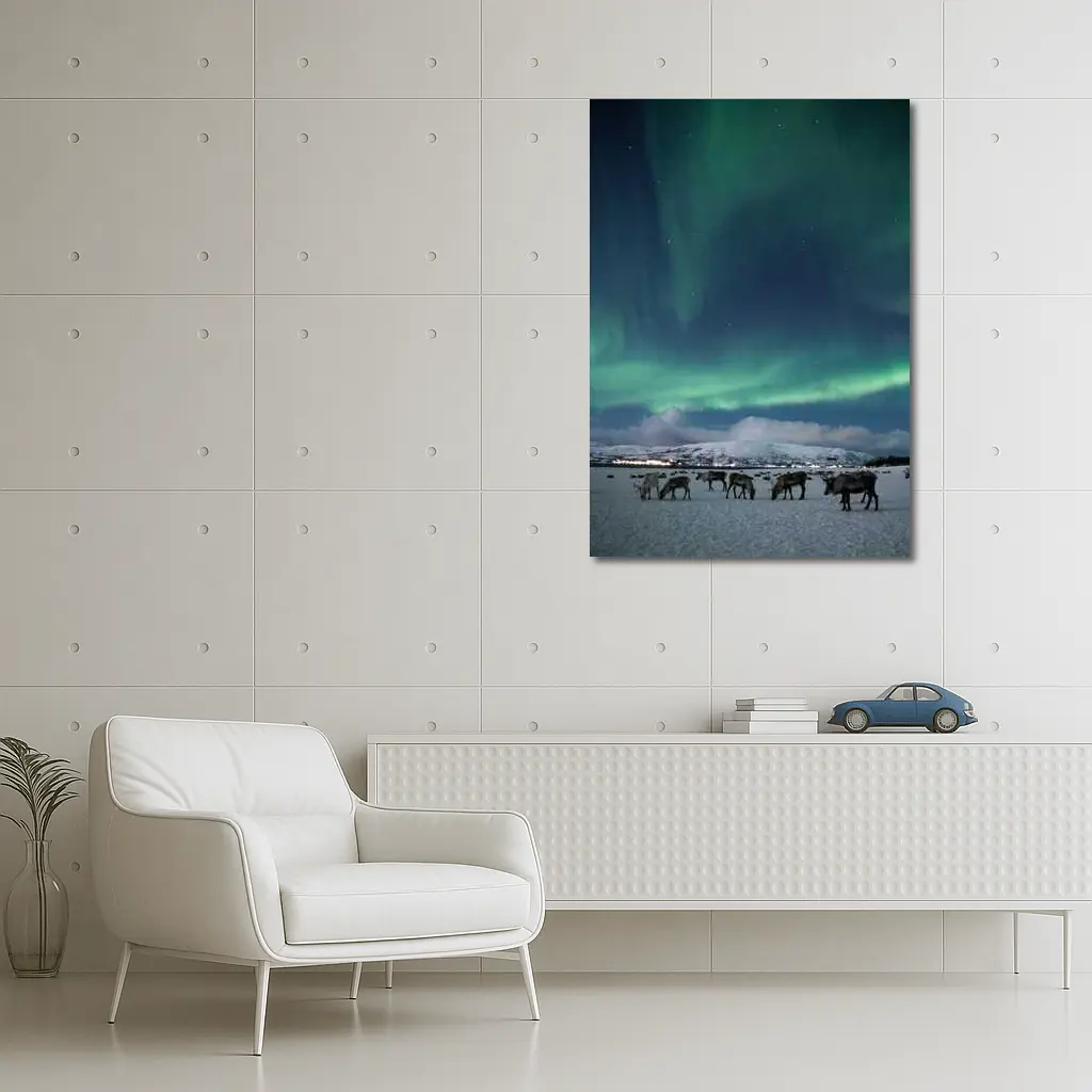 Reindeer Grazing Under Northern Lights Norway – Wall Art