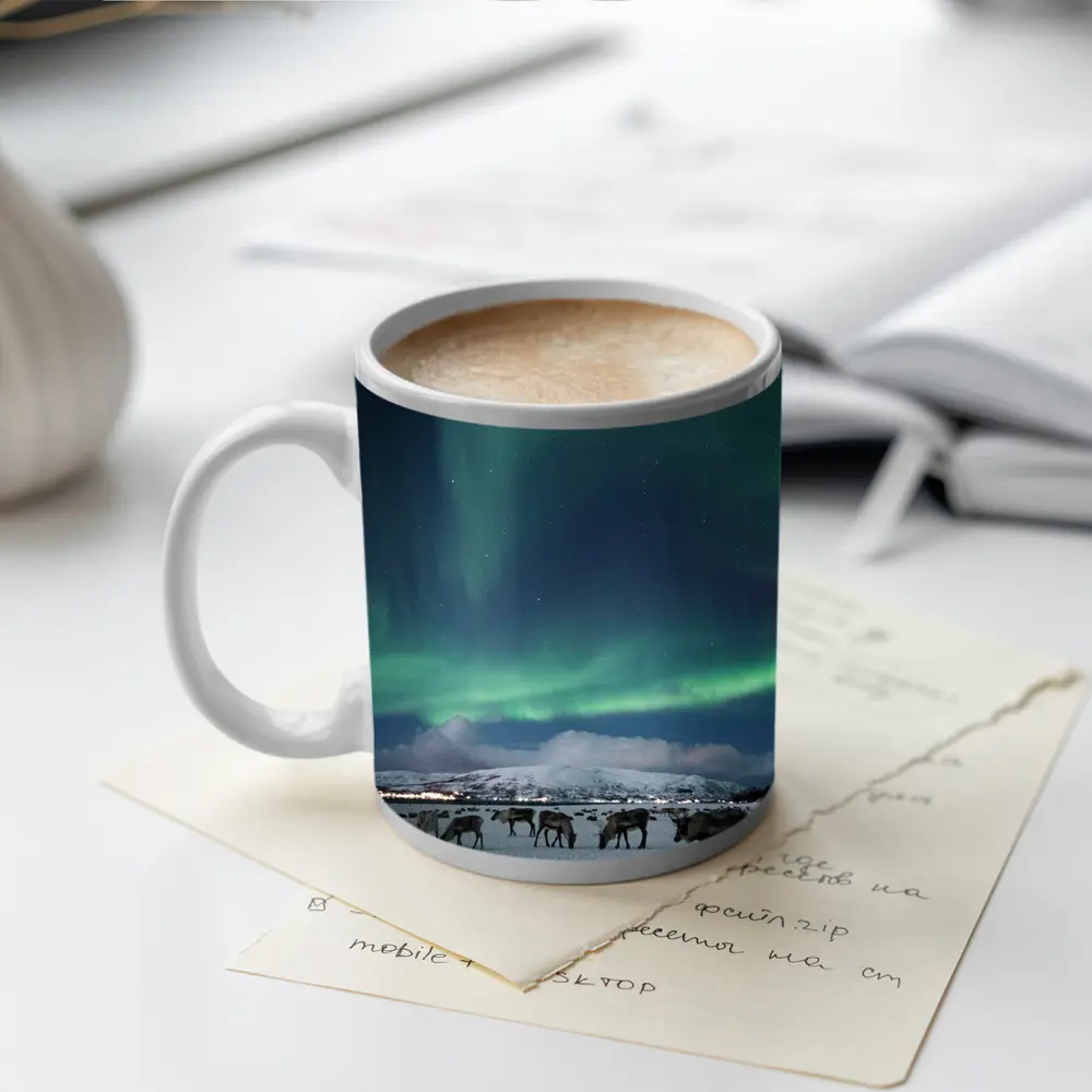Reindeer Grazing Under Northern Lights Norway – Mugs