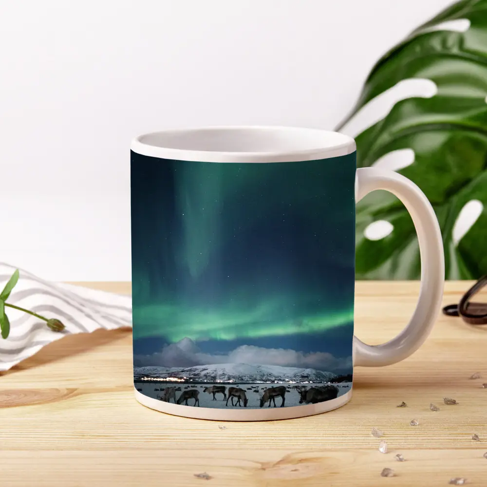 Reindeer Grazing Under Northern Lights Norway – Mugs