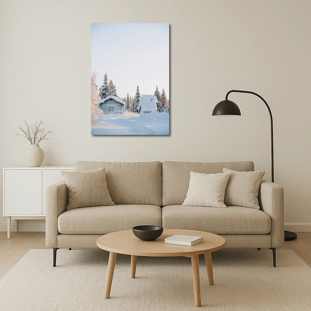Snow Covered Log Cabin Winter Forest – Wall Art