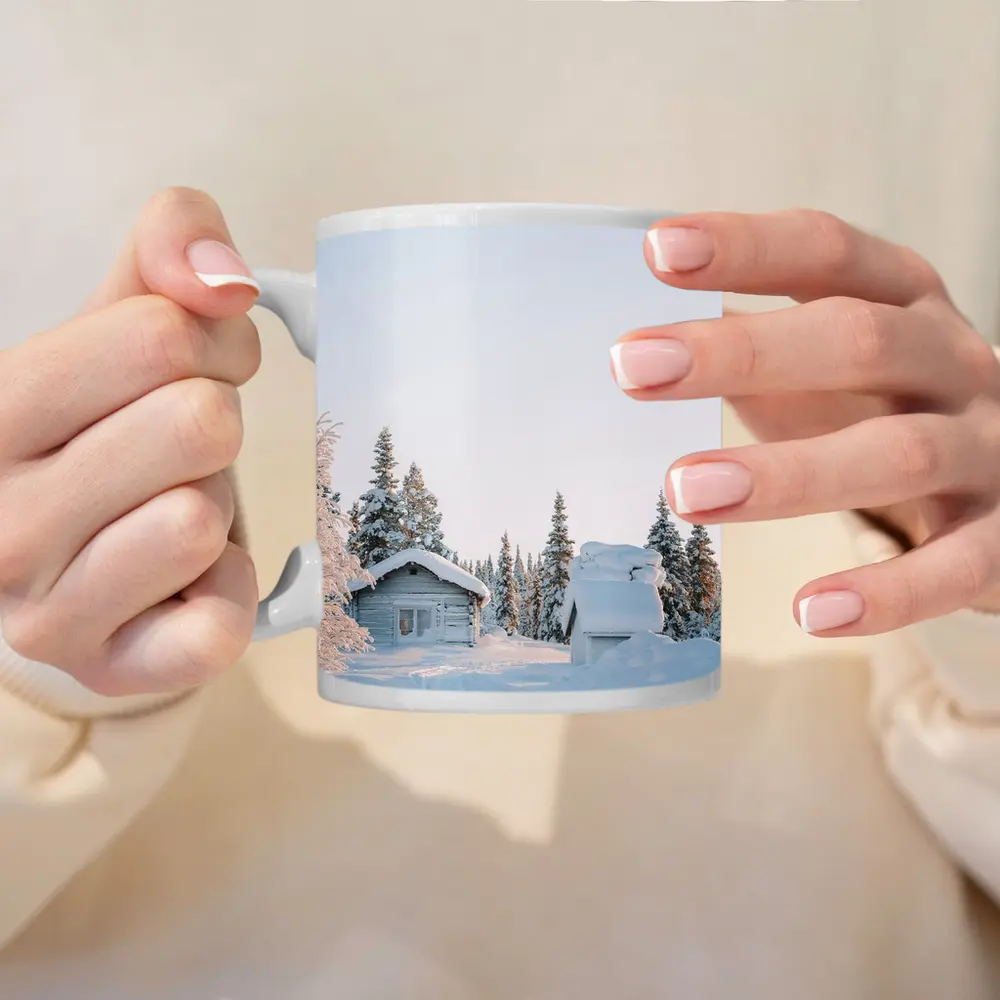 Snow Covered Log Cabin Winter Forest – Mugs