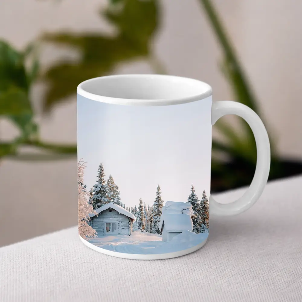 Snow Covered Log Cabin Winter Forest – Mugs