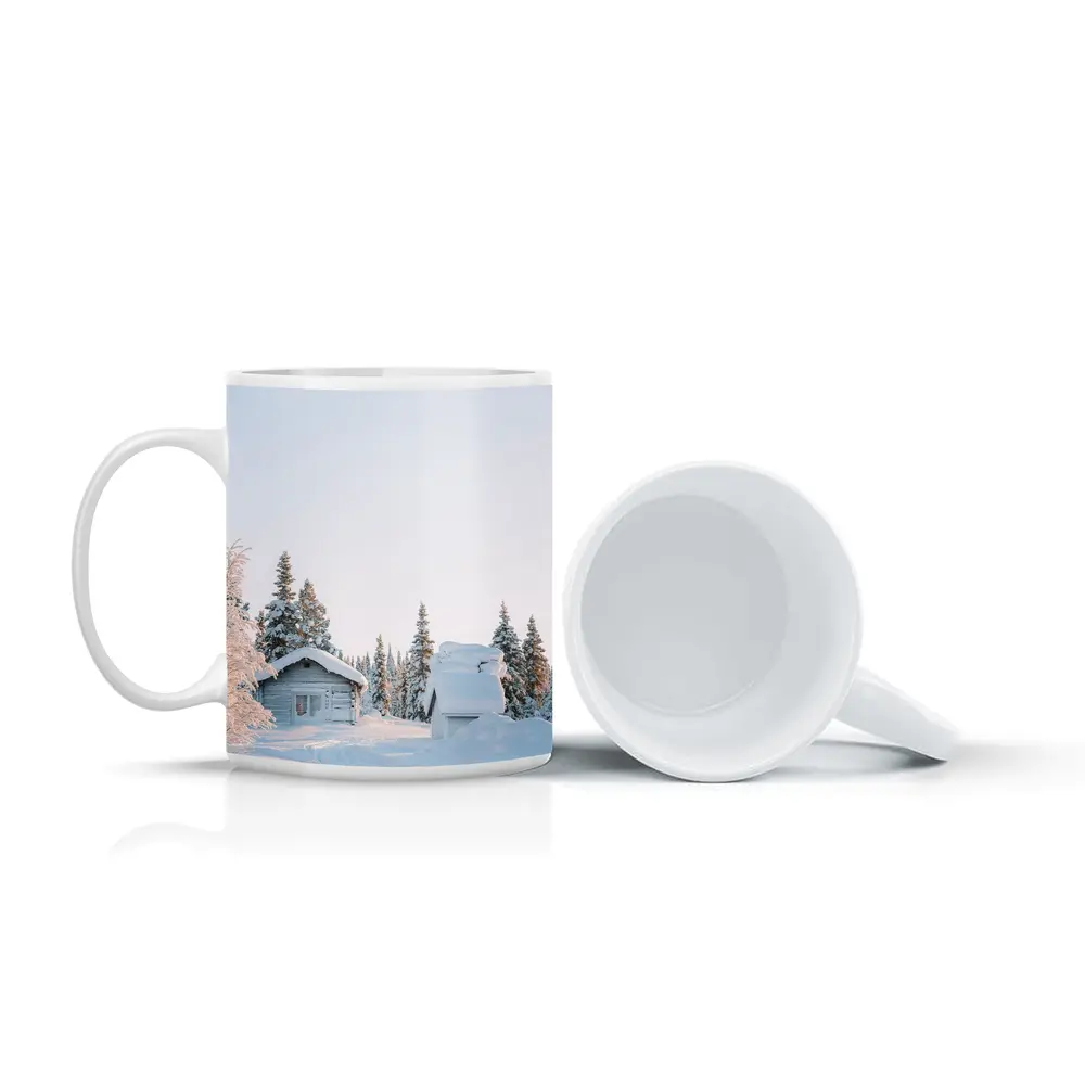 Snow Covered Log Cabin Winter Forest – Mugs
