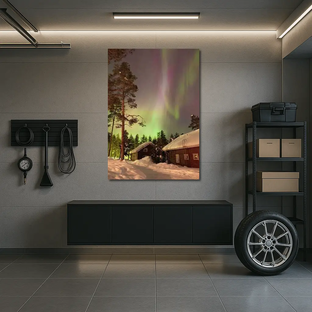 Northern Lights Over Snowy Winter Cabins – Wall Art