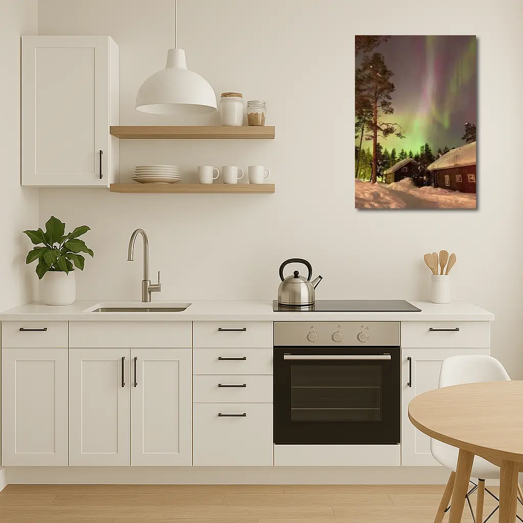 Northern Lights Over Snowy Winter Cabins – Wall Art