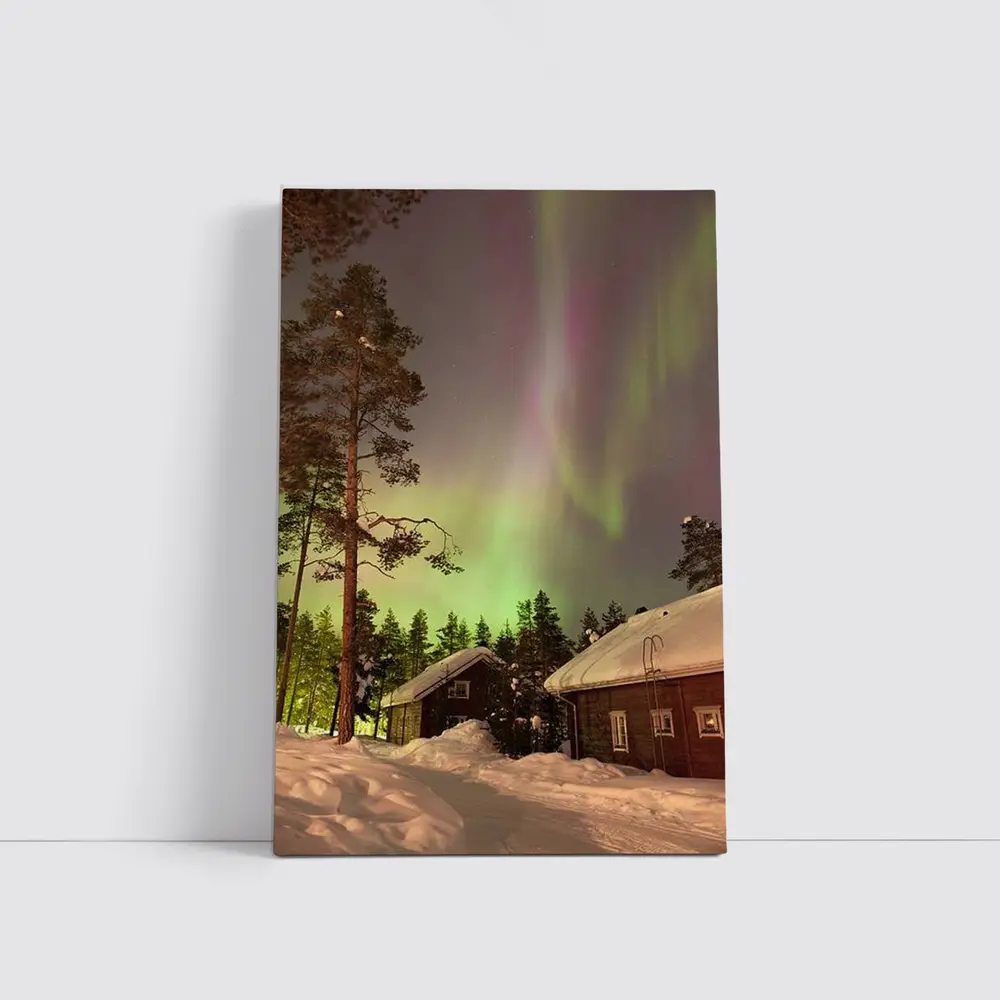 Northern Lights Over Snowy Winter Cabins – Wall Art