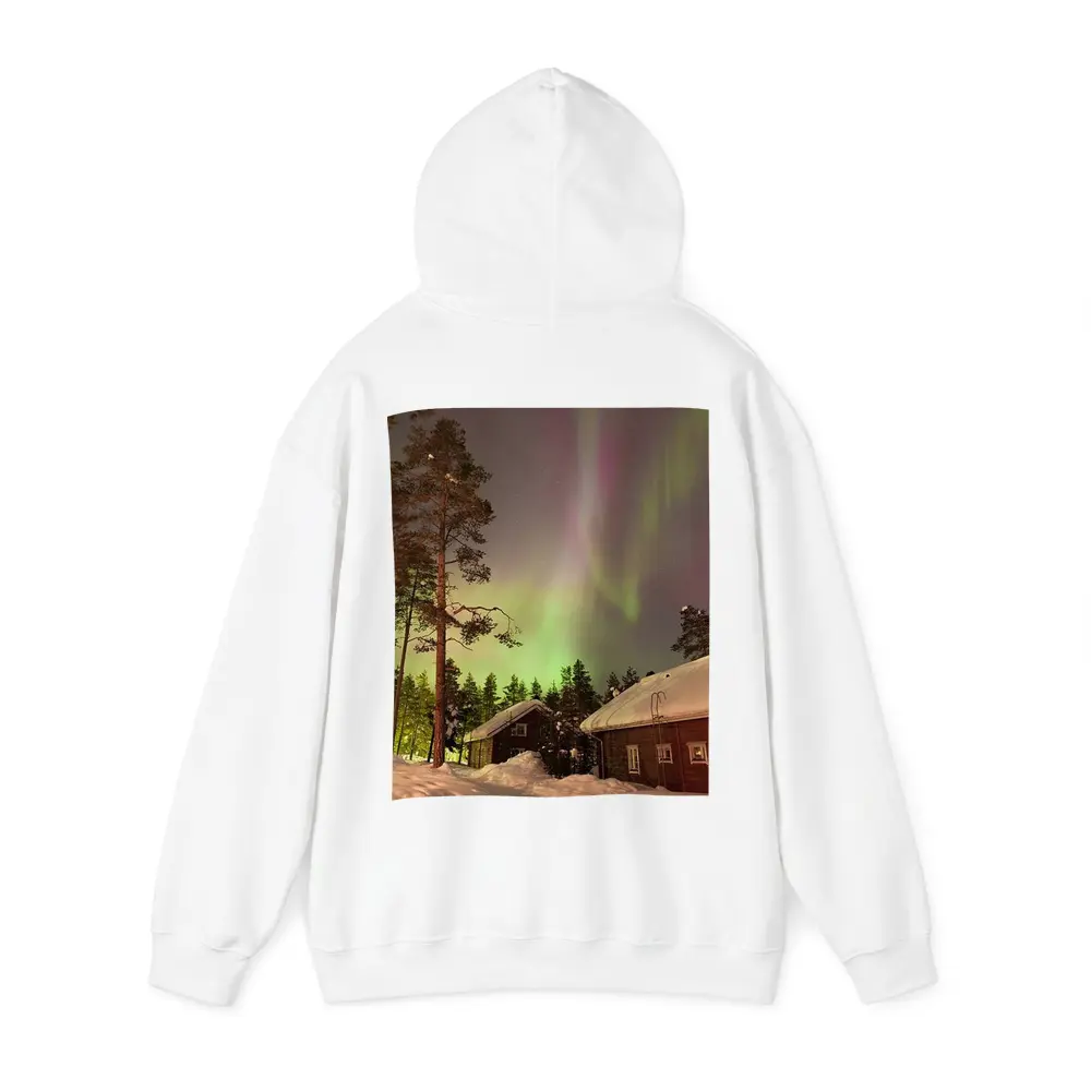 Northern Lights Over Snowy Winter Cabins – Hoodies