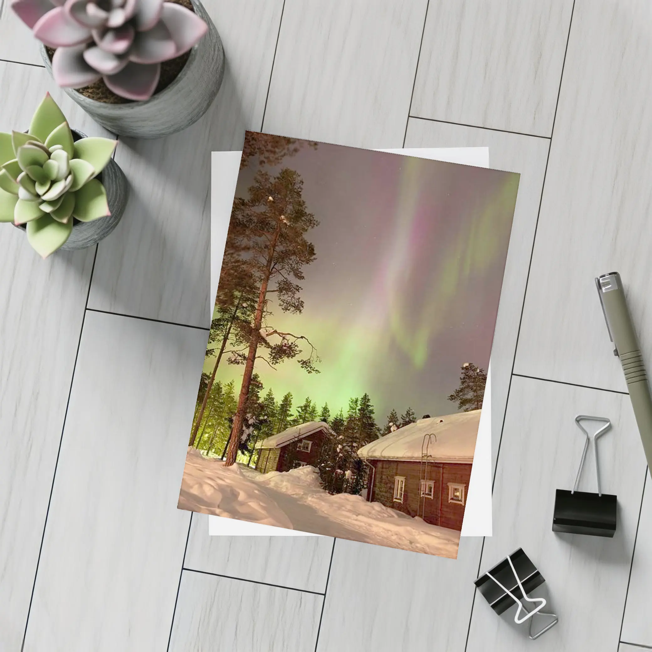 Northern Lights Over Snowy Winter Cabins – Postcards