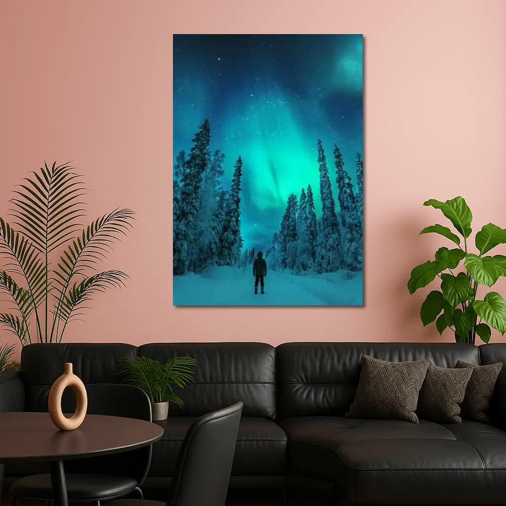 Person Standing Under Northern Lights Winter Forest – Wall Art