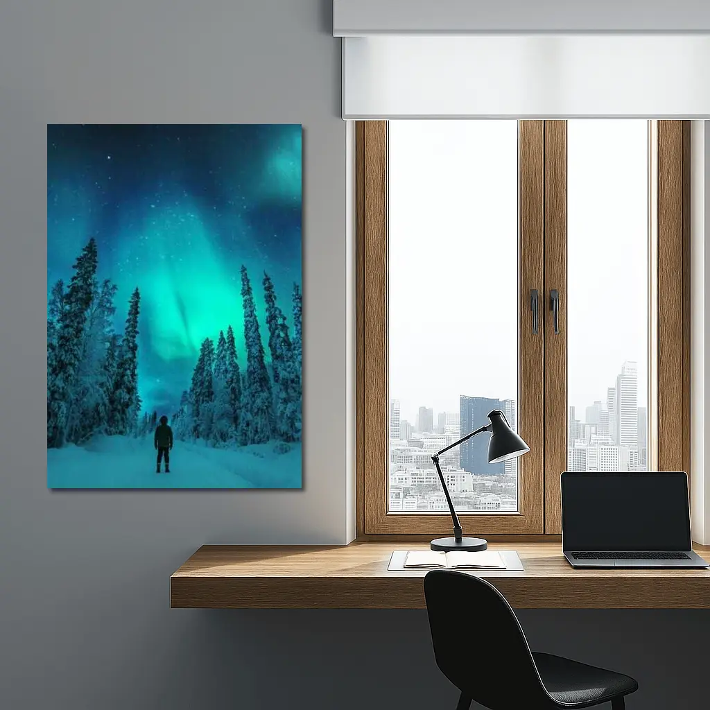 Person Standing Under Northern Lights Winter Forest – Wall Art