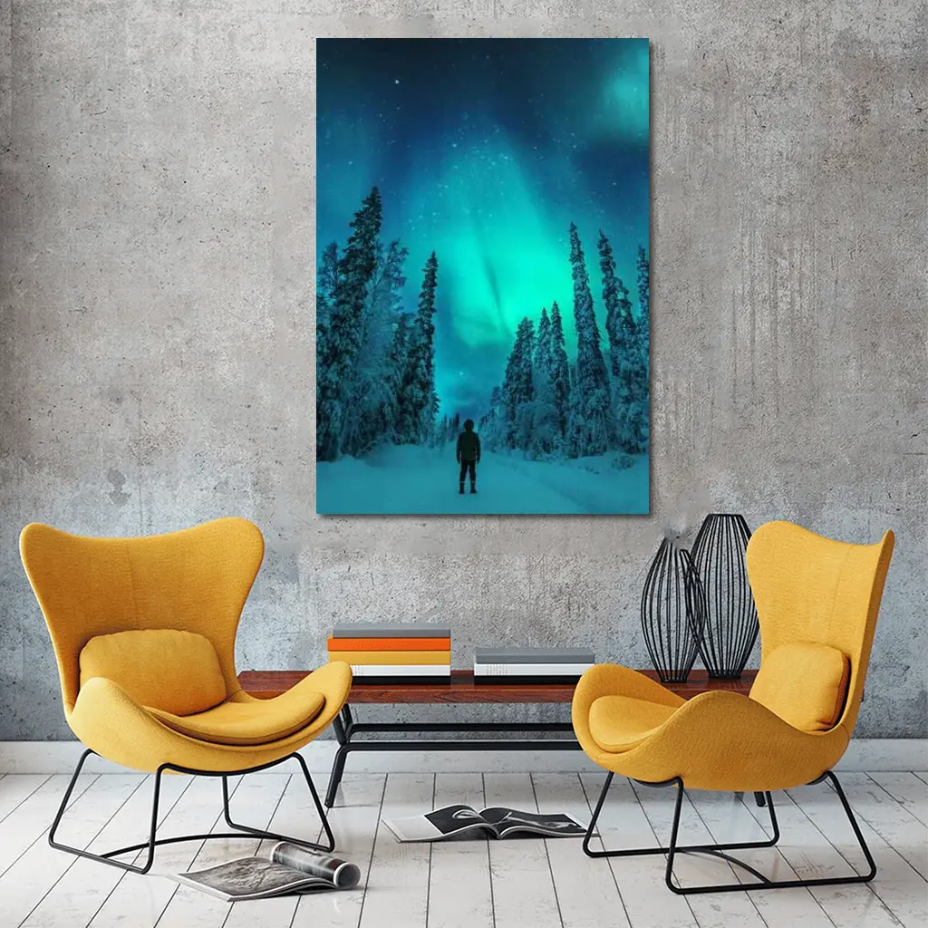 Person Standing Under Northern Lights Winter Forest – Wall Art