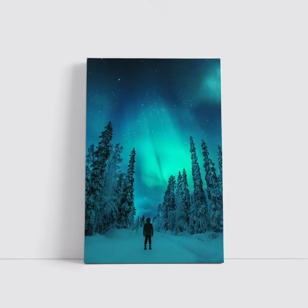 Person Standing Under Northern Lights Winter Forest – Wall Art