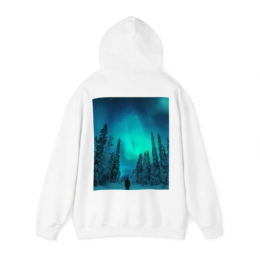 Person Standing Under Northern Lights Winter Forest – Hoodies